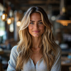 Obraz premium A woman with long blonde hair smiling at the camera