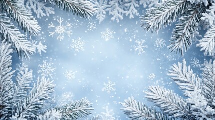 A serene winter landscape featuring snow-dusted pine branches and delicate snowflakes against a soft blue backdrop.