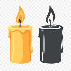 Flat Color and Silhouette Monochrome Candle Icon Set. Burning Candle Fire Icons. Christmas Holiday Decoration. Candle Animation Design Elements, Isolated