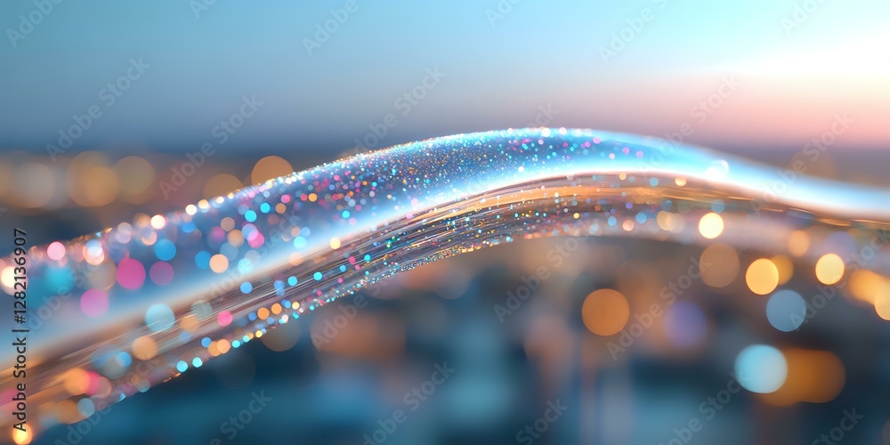 Poster Glowing light waves with sparkles flow across blurred bokeh background in soft blue and orange tones, creating magical abstract composition for design projects.