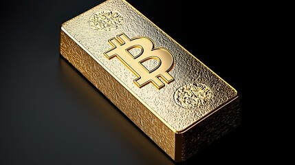 Fototapeta premium Golden bitcoin bar with embossed cryptocurrency symbol and decorative elements on dark background, representing digital wealth and financial investment concept.