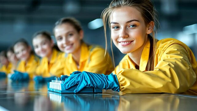 Smiling Female Factory Worker, Industrial Production Line