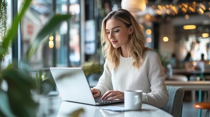 Fototapeta premium Young woman entrepreneur working on laptop in modern coworking space with coffee
