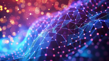 Digital network wave with glowing dots and lines on purple and blue gradient background with bokeh effect creates futuristic technology concept.