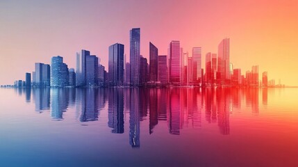 Obraz premium Glowing city skyline reflected in gradient glass, fading from fiery red to cool sapphire, futuristic and sleek
