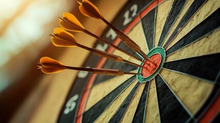 A close-up of a dartboard with four darts perfectly hitting the bullseye, showcasing precision and focus.