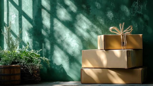 Stack of Cardboard Boxes with Plants and Sunlight