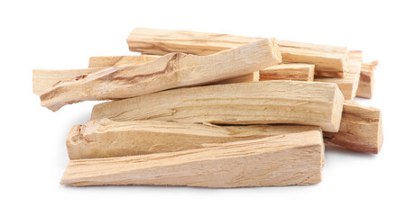 Pile of palo santo sticks on white background