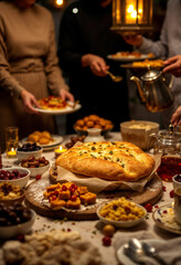 A Ramadan feast rich in tradition. Fresh pita and dates take center stage. G&uuml;lla&ccedil; adds sweetness and elegance. Family gathers to set the table. Lantern light brings warmth and joy.