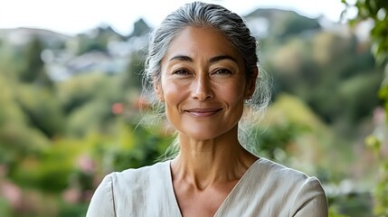 Confident mature Asian woman with gray hair and natural smile wearing white linen clothing against blurred garden background, representing wellness and aging gracefully.