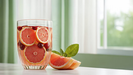 Refreshing grapefruit and berries drink served in a crystal glass with fresh mint leaves, ideal for dietary, natural, lifestyle themes. Perfect for healthy drinks, summer refreshment ads, food blogs