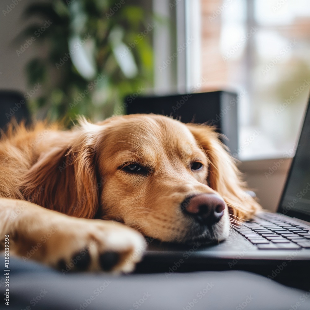 Poster golden retriever resting on laptop in cozy indoor setting during afternoon. generative ai