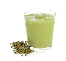 Fresh mung bean juice in glass and seeds isolated on white