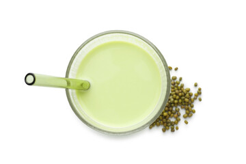 Fresh mung bean juice in glass and seeds isolated on white, top view
