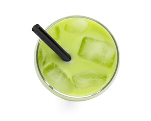 Fresh mung bean juice in glass isolated on white, top view