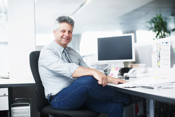 Mature accountant, portrait and happy man with documents, finance career or experience. Computer,...