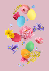 Easter eggs and beautiful spring flowers flying on pink background
