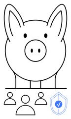Large piggy bank, three user icons, and a shield with a checkmark signify team savings, fiscal trust, budgeting, financial planning, risk protection, community goals, and abstract line flat metaphor