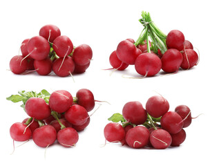 Many fresh radishes isolated on white, set