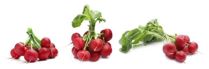 Many fresh radishes isolated on white, set