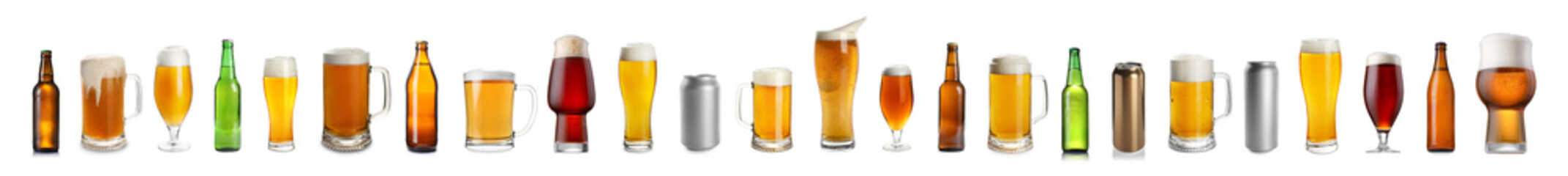 Different types of fresh beer isolated on white, set