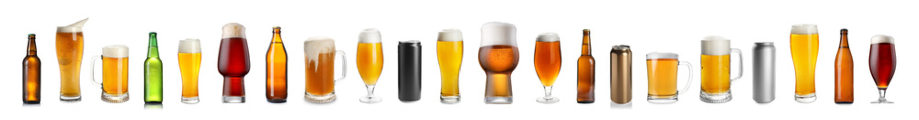 Different types of fresh beer isolated on white, set
