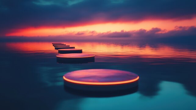 Fototapeta A serene sunset over calm waters, featuring glowing circular stones guiding the way across the reflective surface.