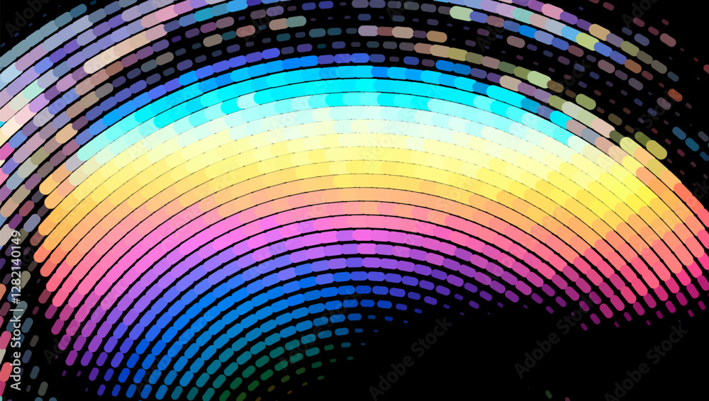 Poster Colorful, dynamic vector illustration with curved lines and vibrant gradients creating a lively, abstract pattern against a dark background, evoking movement and energy.