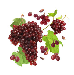 Fresh grapes in air on white background