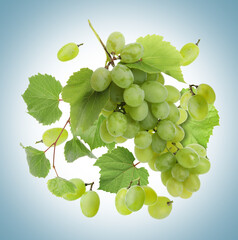 Fresh grapes in air on light blue background