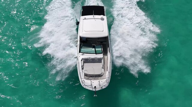 Luxury Yacht Searay Sundancer Speeding Over Turquoise Waters in Cancun &ndash; 4K 120fps Aerial Drone Shot