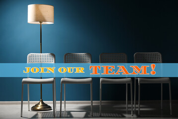 Join our team! White chairs and lamp near blue wall. Human resource, recruitment concept
