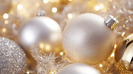 Elegant gold and silver Christmas ornaments surrounded by twinkling lights create a festive ambiance.