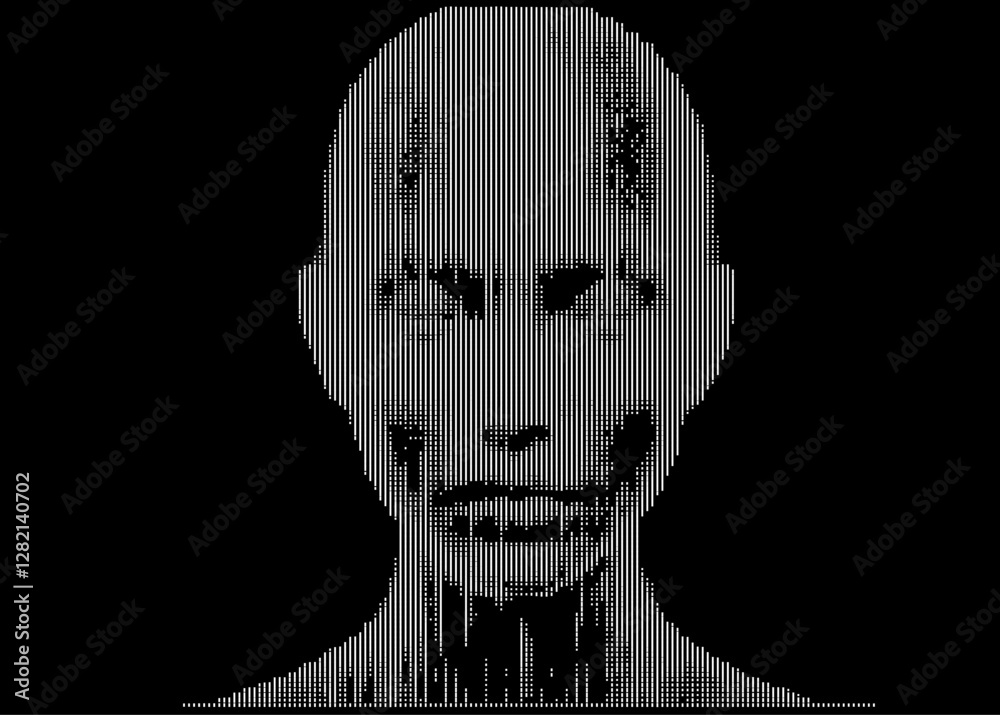 Poster monochrome vector illustration of a stylized human face composed of vertical lines on a black backgr