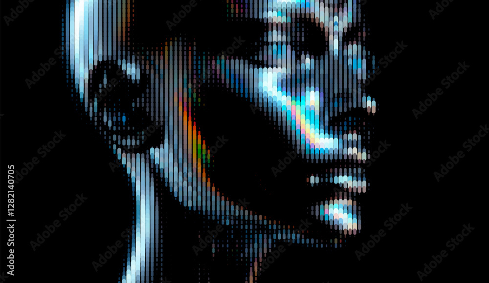 Poster futuristic face is depicted with vertical lines and iridescent colors, creating a digital, metallic 
