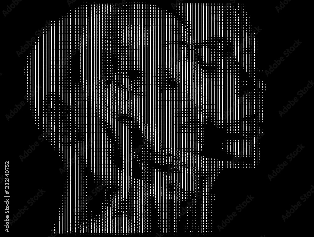 Aufkleber Monochrome vector illustration of a stylized human face composed of vertical lines on a black background, creating a digital, abstract portrait with an intriguing, minimalistic aesthetic.