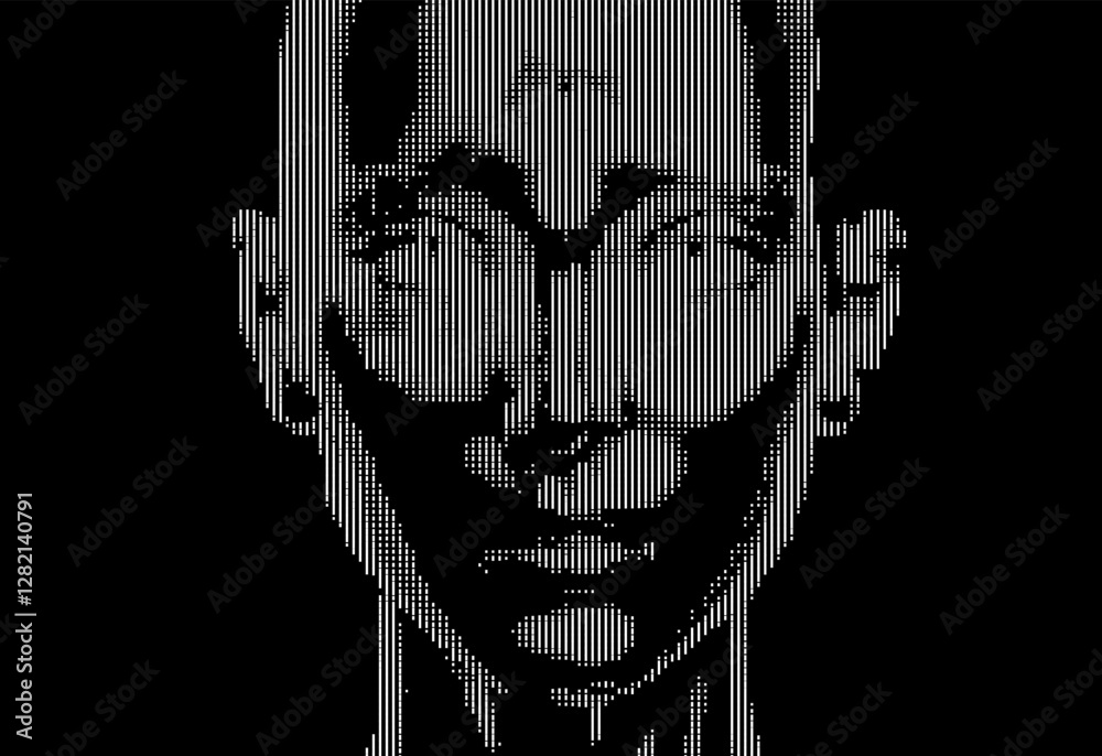 Poster Monochrome vector illustration of a stylized human face composed of vertical lines on a black background, creating a digital, abstract portrait with an intriguing, minimalistic aesthetic.