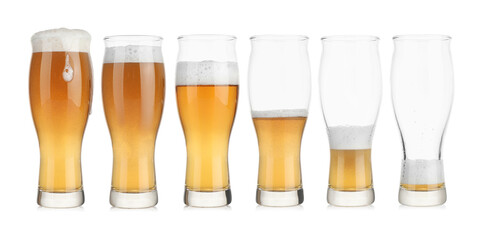 Drinking beer process. From full to empty glass on white background, step-by-step collage