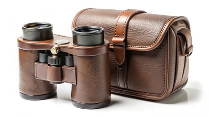 Leather Binoculars and Case on White Background