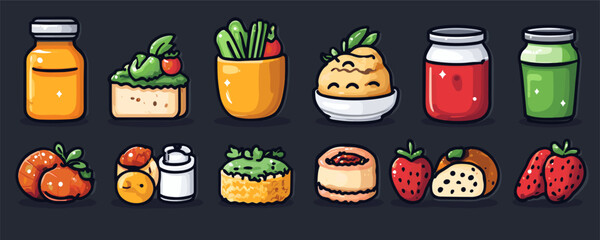 Flat vector food icons set: fresh fruits, vegetables, and beverages.