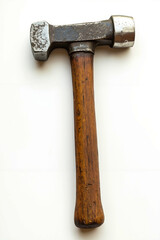 A hammer with a wooden handle on a white background