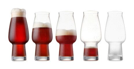 Drinking beer process. From full to empty glass on white background, step-by-step collage