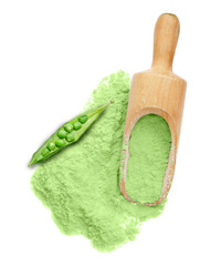 Protein powder, wooden scoop and green fresh peas on white background, top view
