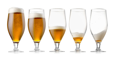 Drinking beer process. From full to empty glass on white background, step-by-step collage