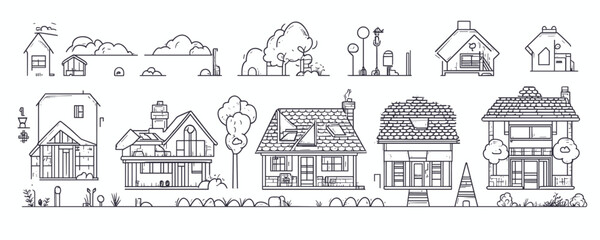 Linear flat house icons set featuring various home designs and outdoor elements.
