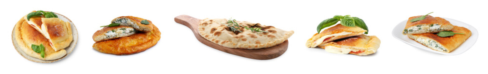 Different delicious calzones isolated on white, set