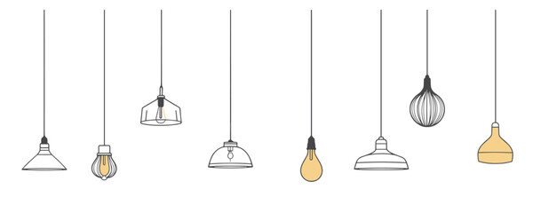 Hanging light fixtures vector icons set in linear flat style.