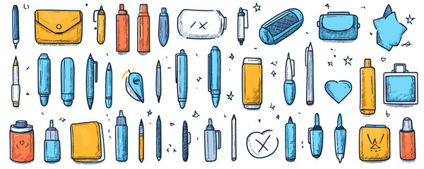 Fototapeta premium Flat style stationery icons set – vector pens, pencils, and office supplies.