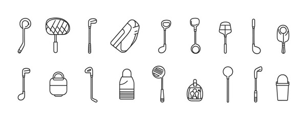 Flat golf equipment icons set, linear style for sports enthusiasts.