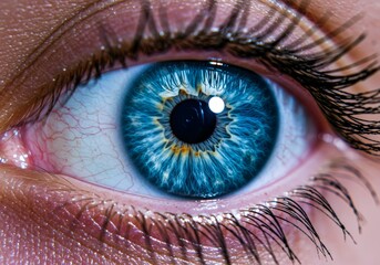 Photo of a single eye with a vibrant blue iris, intricate patterns, long eyelashes, and glowing light reflections in a surreal blue and white color scheme.

